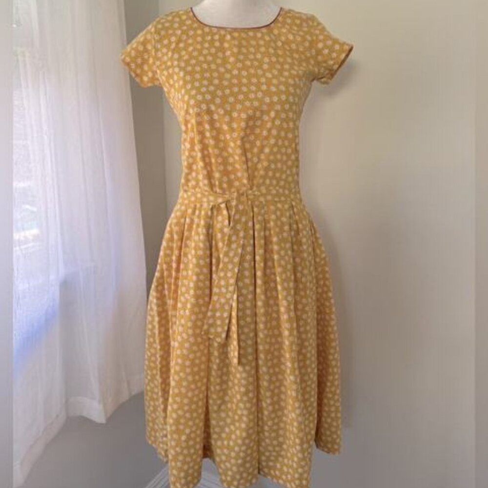 Vintage ‘70s Handmade Yellow & White Cap Sleeve Belted Midi Dress